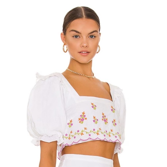 MAJORELLE Tops - MAJORELLE “Wesley” White Ivory Linen Crop Top with Pastel Embroidered Floral